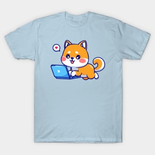 Cute Shiba Inu Dog Working On Laptop Cartoon T-Shirt